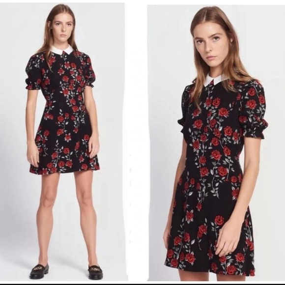 Sandro Dresses & Skirts - Sandro Lulu Rose Print Dress Short Sleeve Open Back Black White Red Sz 1 Small